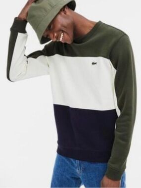 Lacoste Olive, White & Navy Colorblock Crewneck